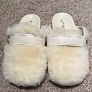 Coach Women's Plush Cream Slippers